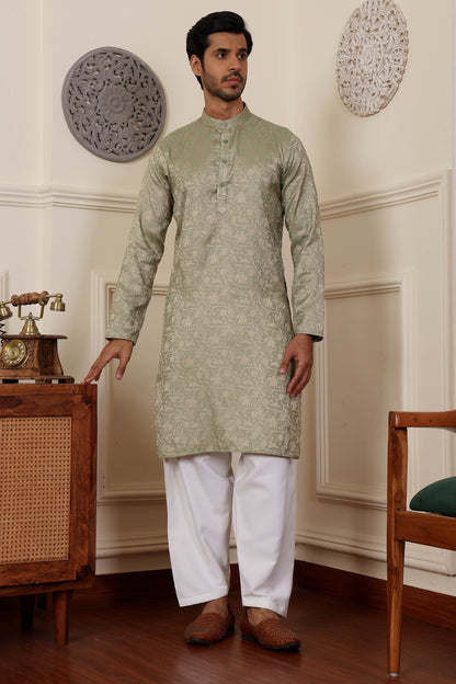 pyjama kurta men olive green coordinated look
