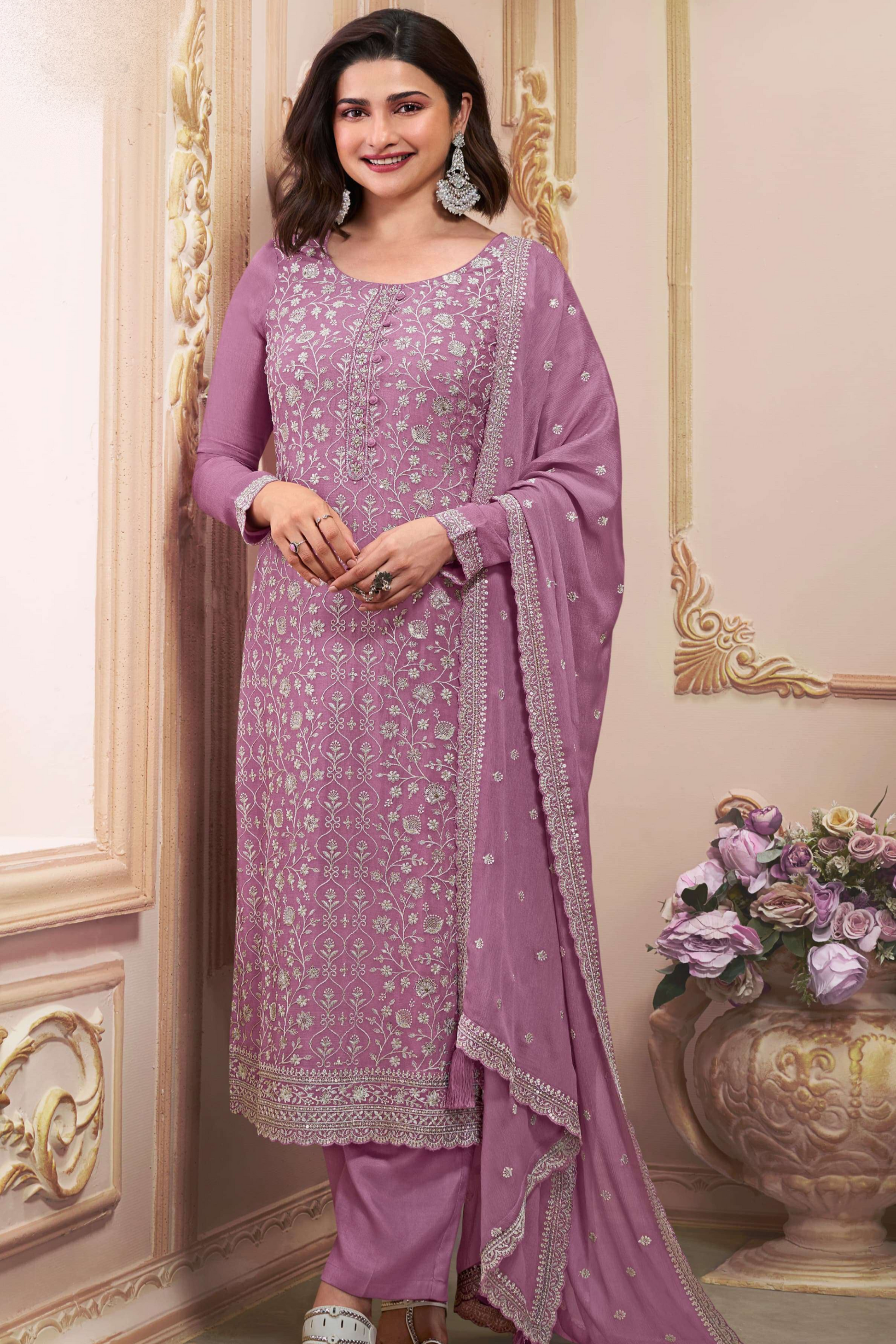 Plus size salwar kameez in lavender full front view