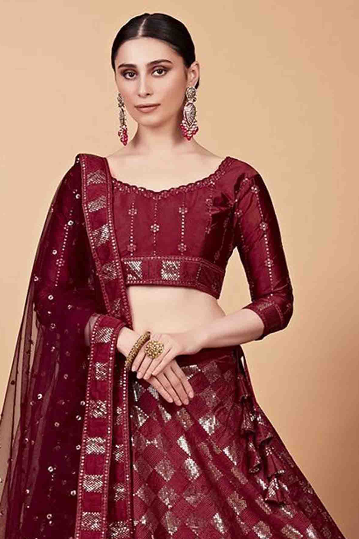 maroon lehenga,plus size available,Comfort Fit,Premium Fabric,Express Delivery.