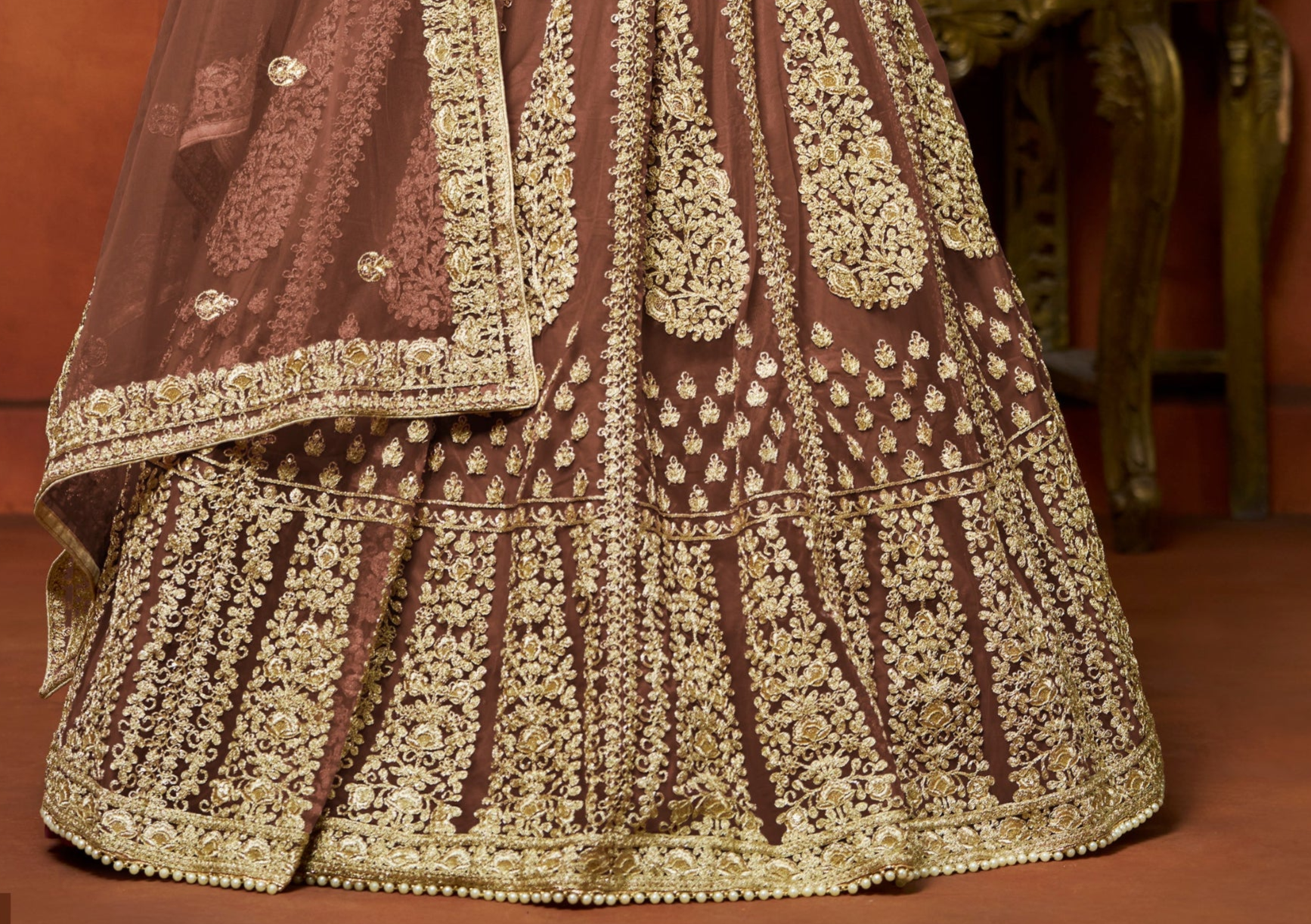 Brown Lehenga for Diwali â€“ Bright and bold, perfect for lighting up the night.  