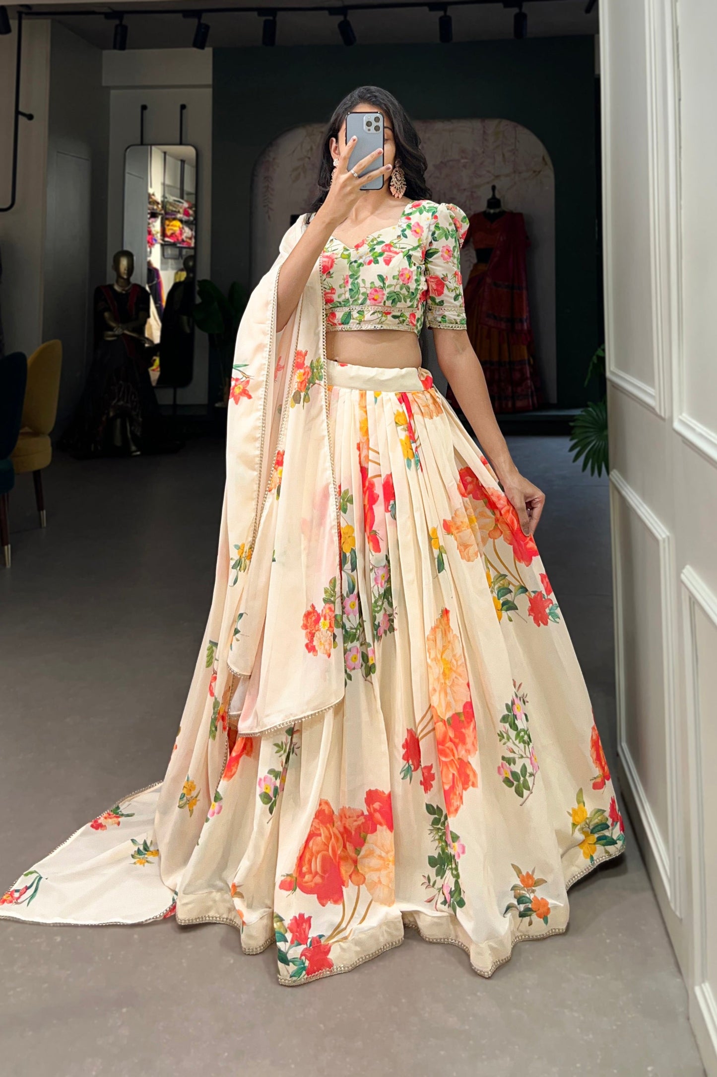 cream lehenga,plus size available,Comfort Fit,Premium Fabric,Express Delivery.