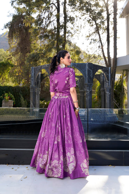Purple Lehenga channels royalty and richness – perfect for opulent weddings, grand events, and statement looks. 