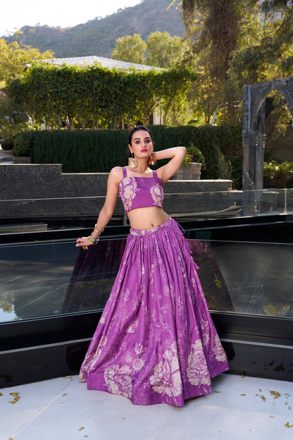 Purple Lehenga channels royalty and richness – perfect for opulent weddings, grand events, and statement looks. 