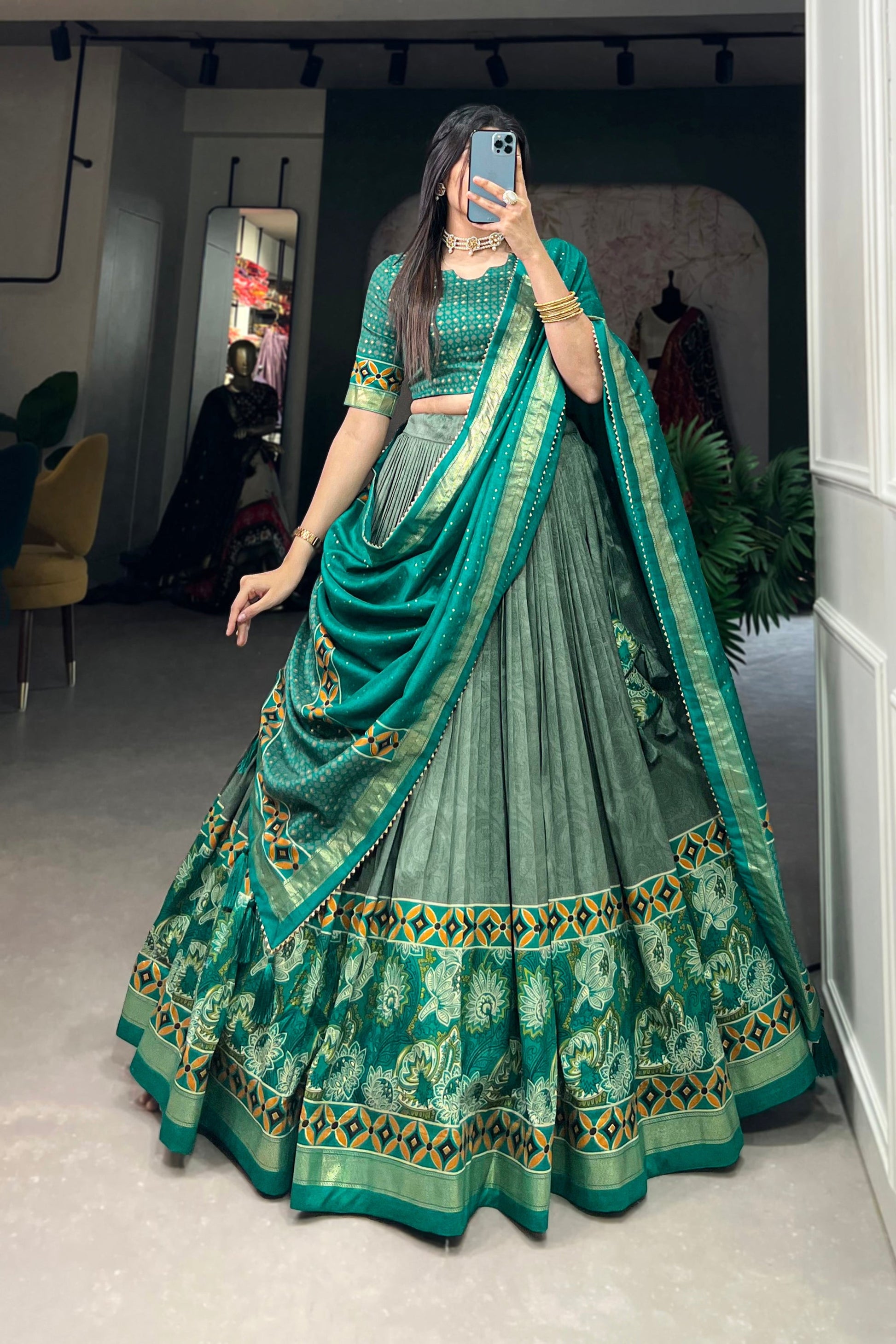 Green Lehenga symbolizes festivity and renewal – perfect for Mehndi nights, family events, and joyful occasions. 