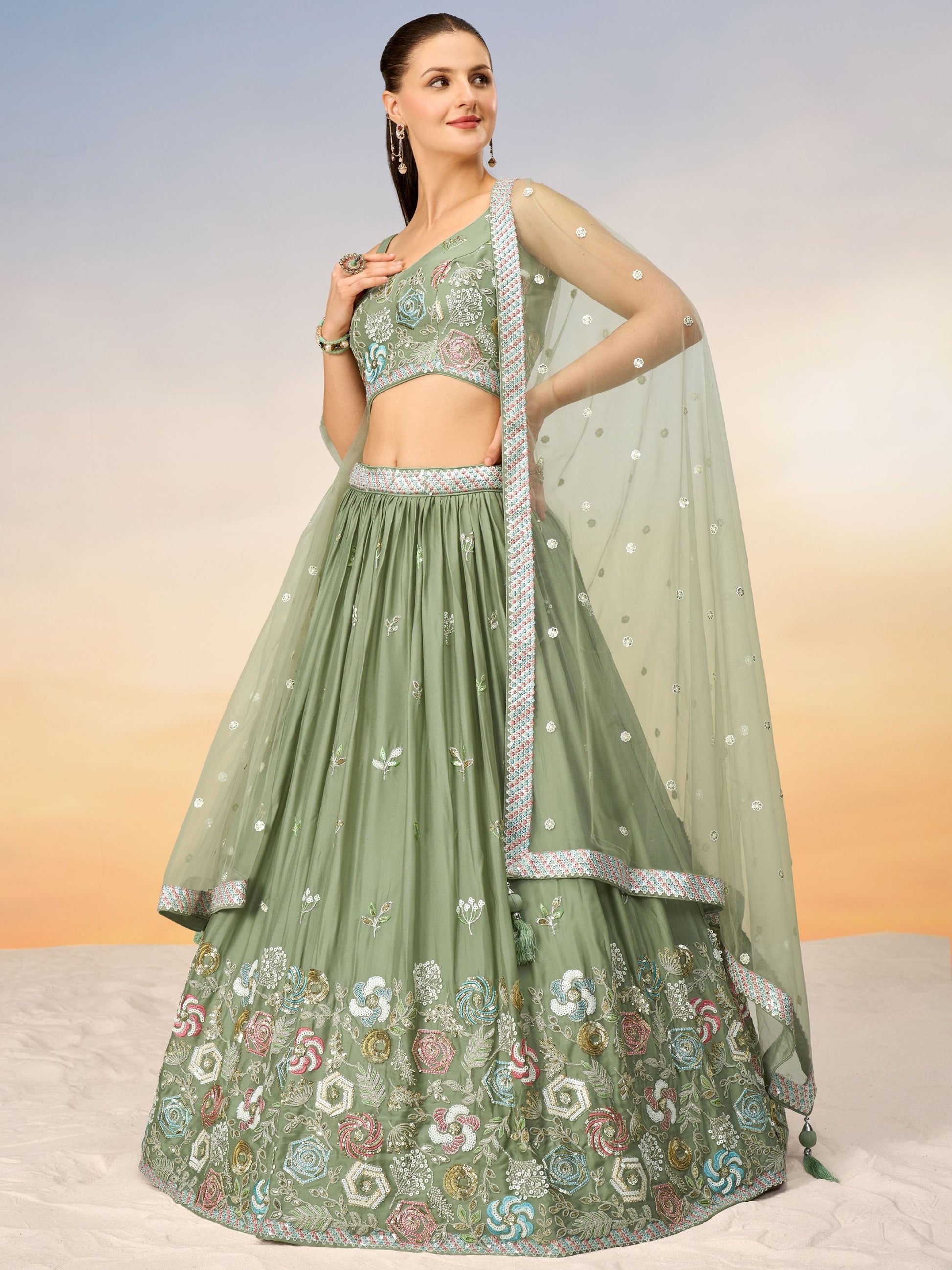 pastel green lehenga,plus size available,Comfort Fit,Premium Fabric,Express Delivery.