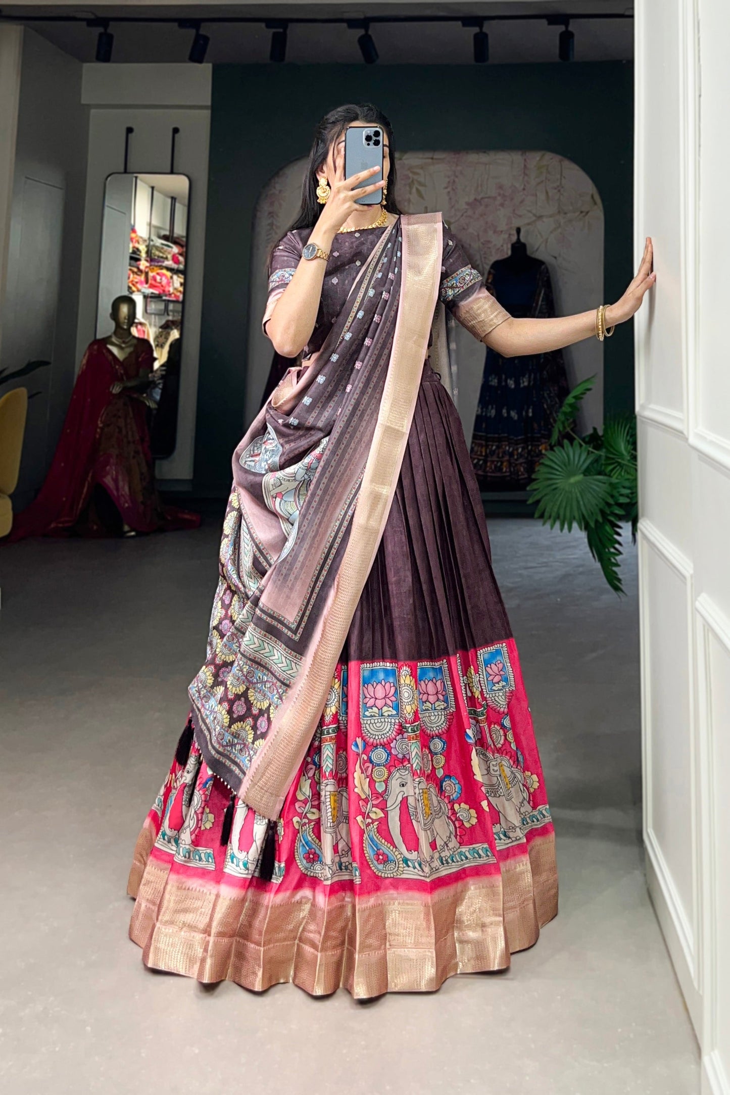 Wine Lehenga speaks of depth and refined glamour – a stunning choice for evening functions, sangeet, or regal festivities. 