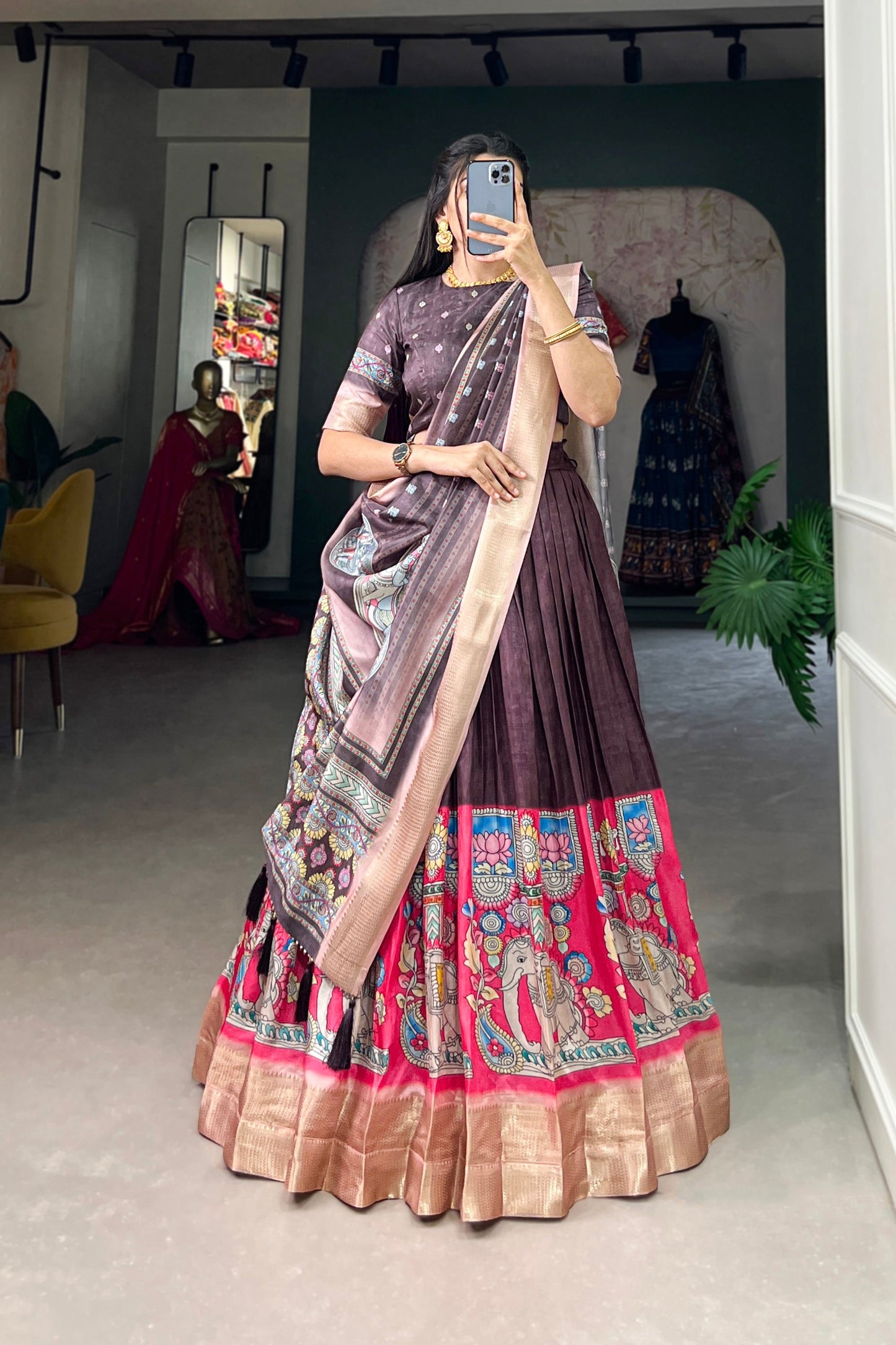 Wine Lehenga speaks of depth and refined glamour – a stunning choice for evening functions, sangeet, or regal festivities. 