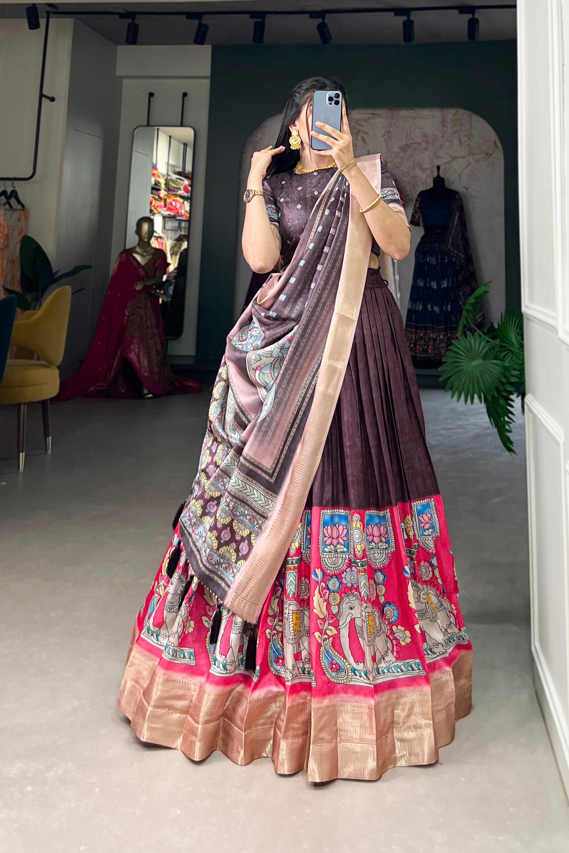 Wine Lehenga speaks of depth and refined glamour – a stunning choice for evening functions, sangeet, or regal festivities. 