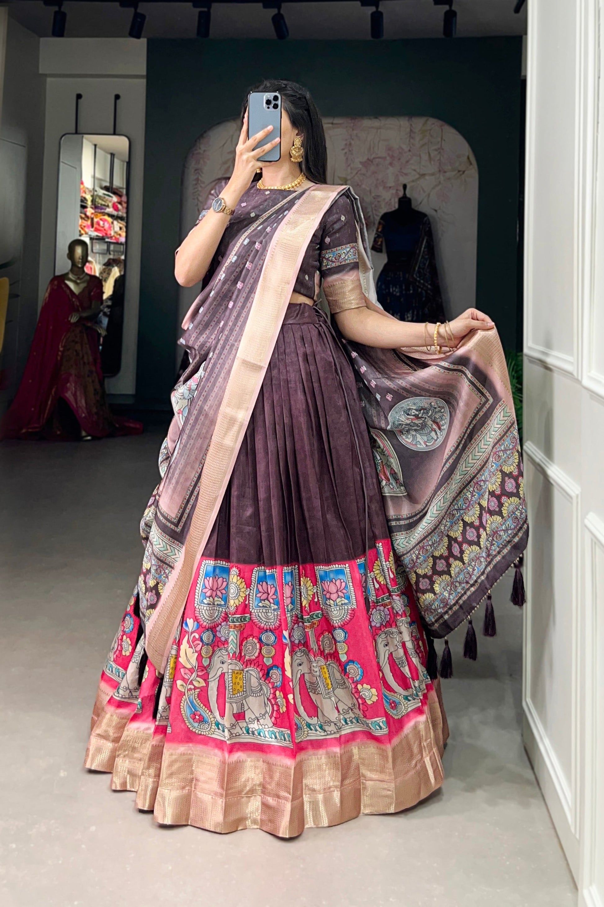 Wine Lehenga speaks of depth and refined glamour – a stunning choice for evening functions, sangeet, or regal festivities. 