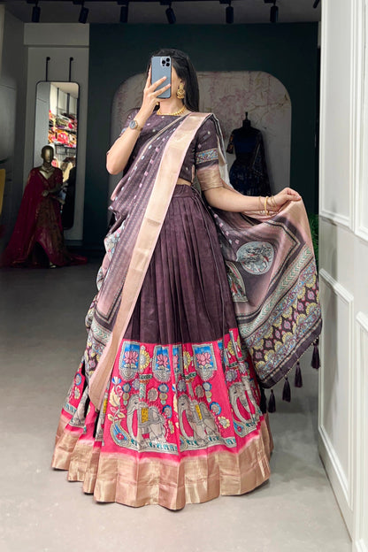 Wine Lehenga speaks of depth and refined glamour – a stunning choice for evening functions, sangeet, or regal festivities. 