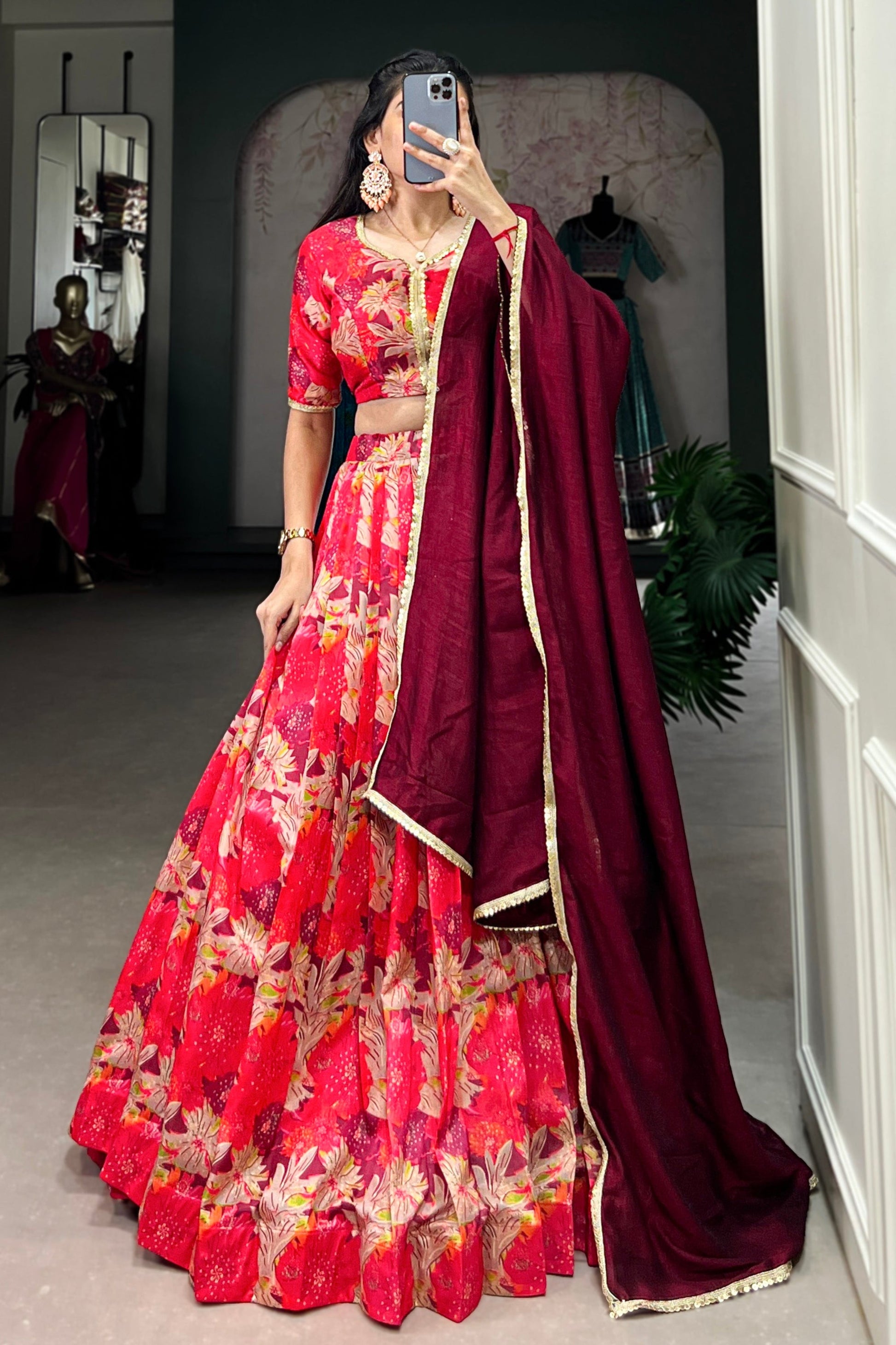 red lehenga,plus size available,Comfort Fit,Premium Fabric,Express Delivery.