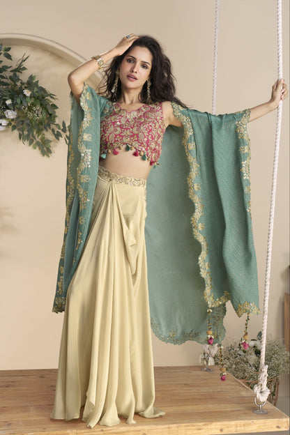 Beige color lehenga in Chinon silk fabric with embroidery and embellished work, offering a graceful and elegant look perfect for weddings and festive occasions. 