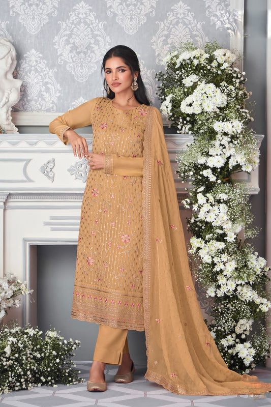 Light brown salwar kurta suit front view on model