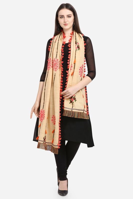 Stunning Cream Dupatta Scarf Style With Embroidery
