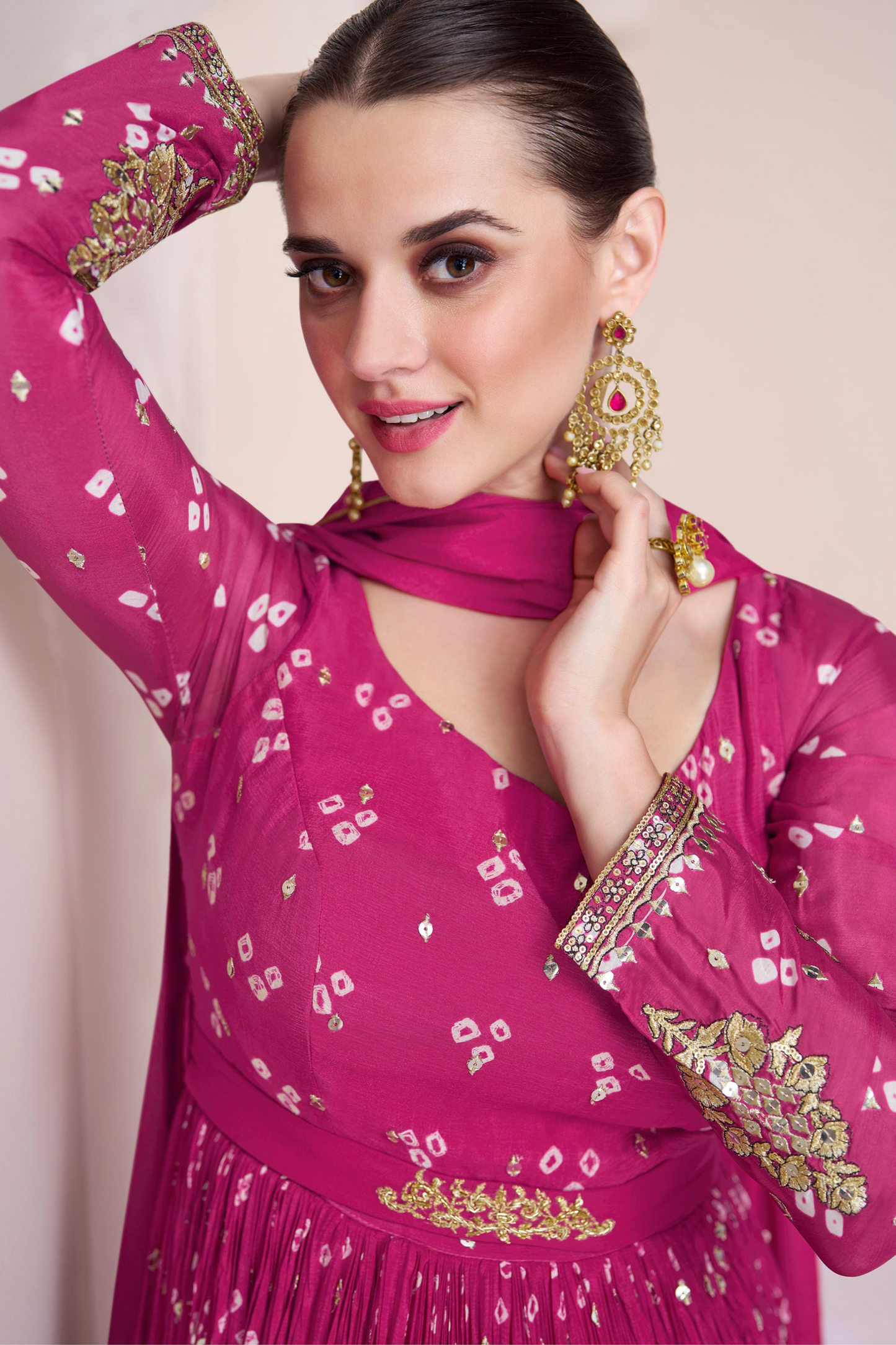 Pink Wedding Anarkali Dupatta Gown With Heavy Embroidery Work For Indian Party Suit