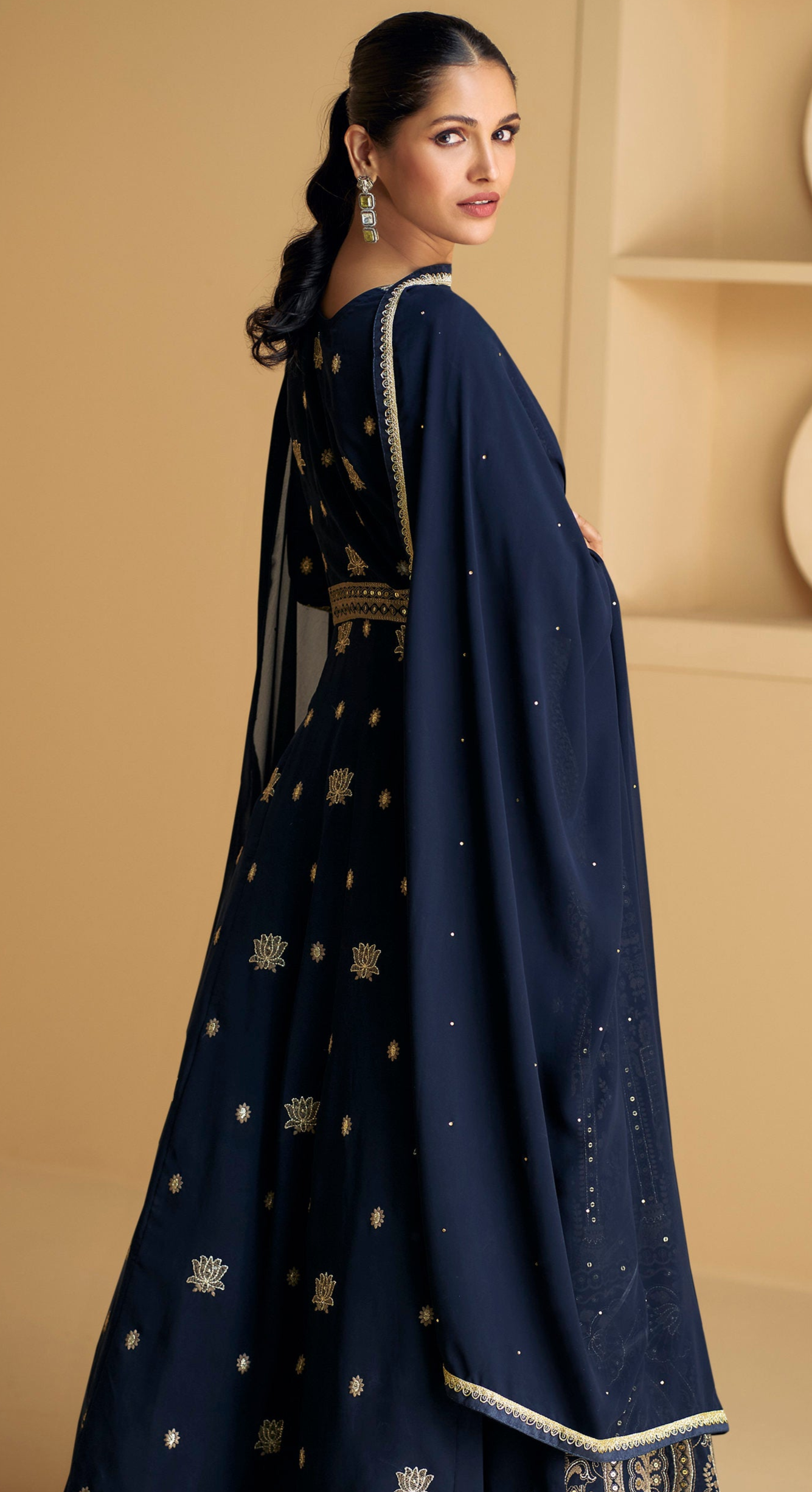 Anarkali Indian Dressesâ€‹ Navy Blue Embroidered Worked Gown For Women's Wear