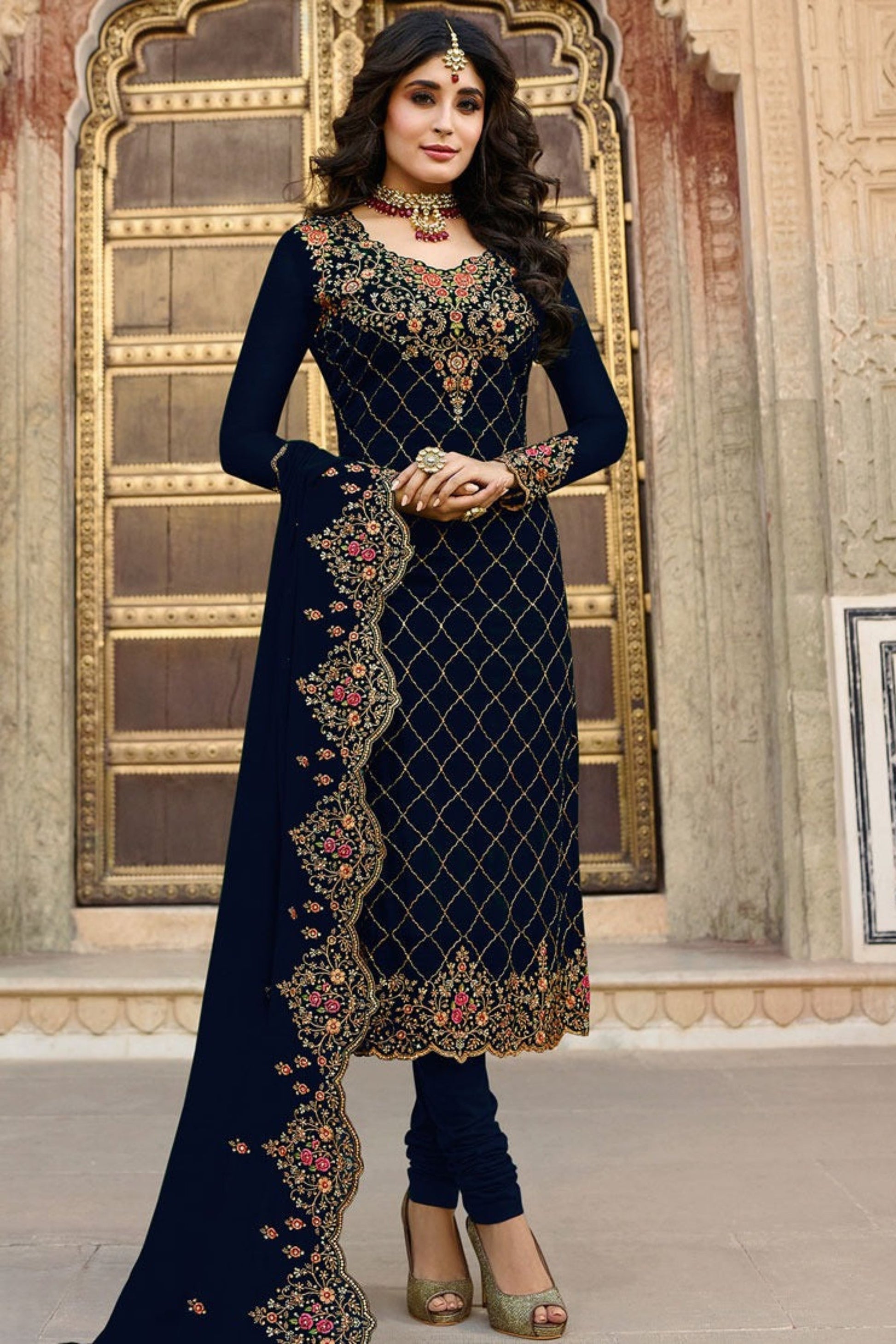 Navy blue bollywood shalwar kameez full front view