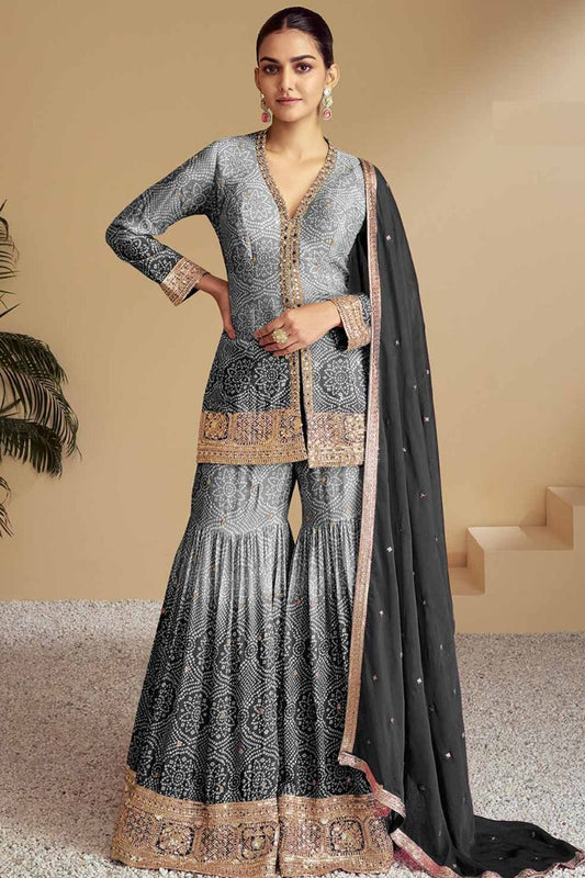 Gray sharara suits with net dupatta front view 