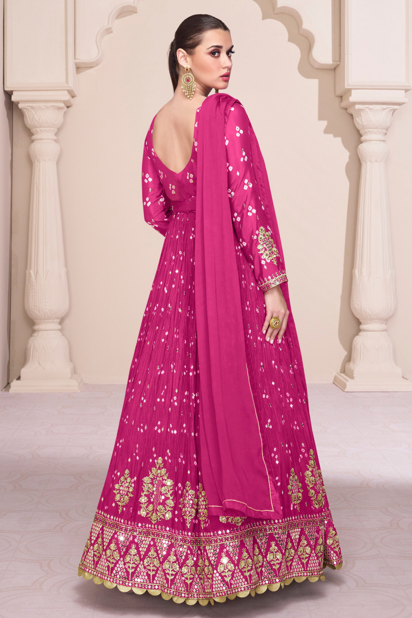 Pink Wedding Anarkali Dupatta Gown With Heavy Embroidery Work For Indian Party Suit