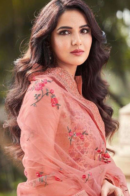 Designer salwar kameez in peach for party wear