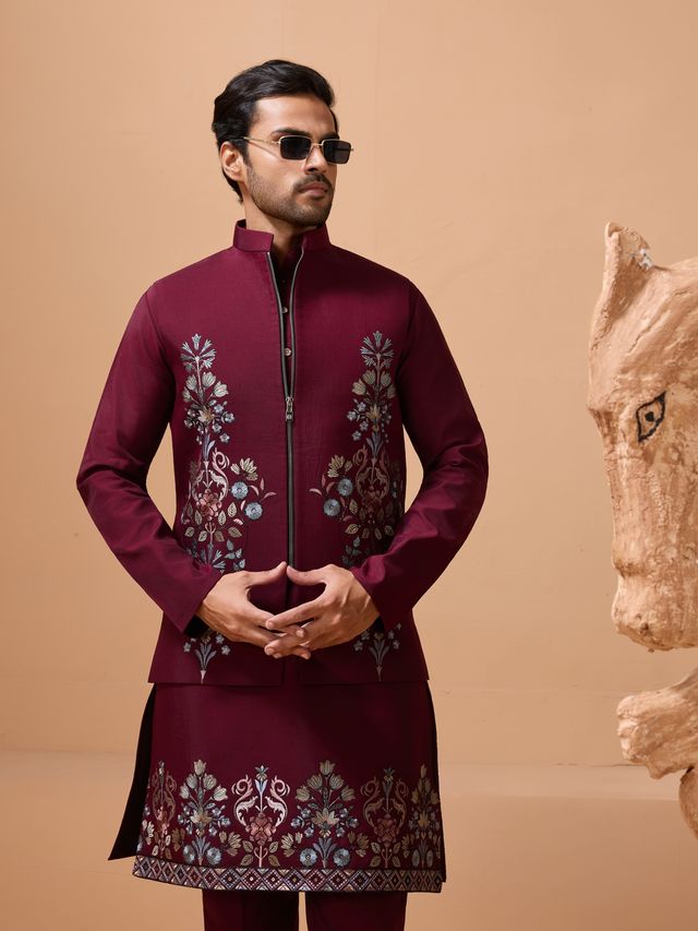 Mens Eid Kurta With Elegant Burgundy Red Ethnic Finish