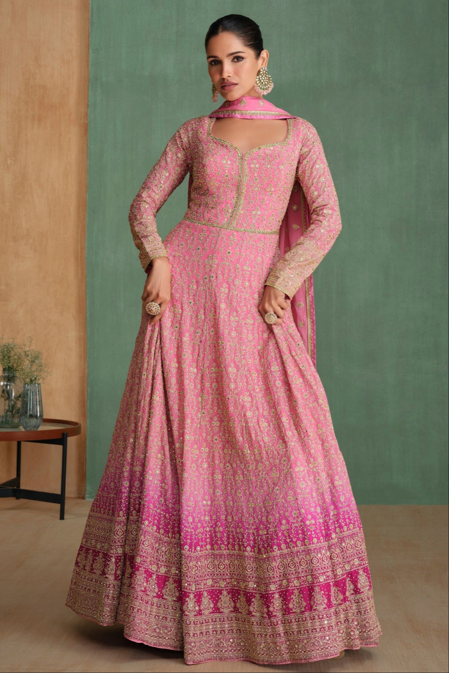 Pink Anarkali Dress With Georgette Embroidery Worked Dupatta Suit
