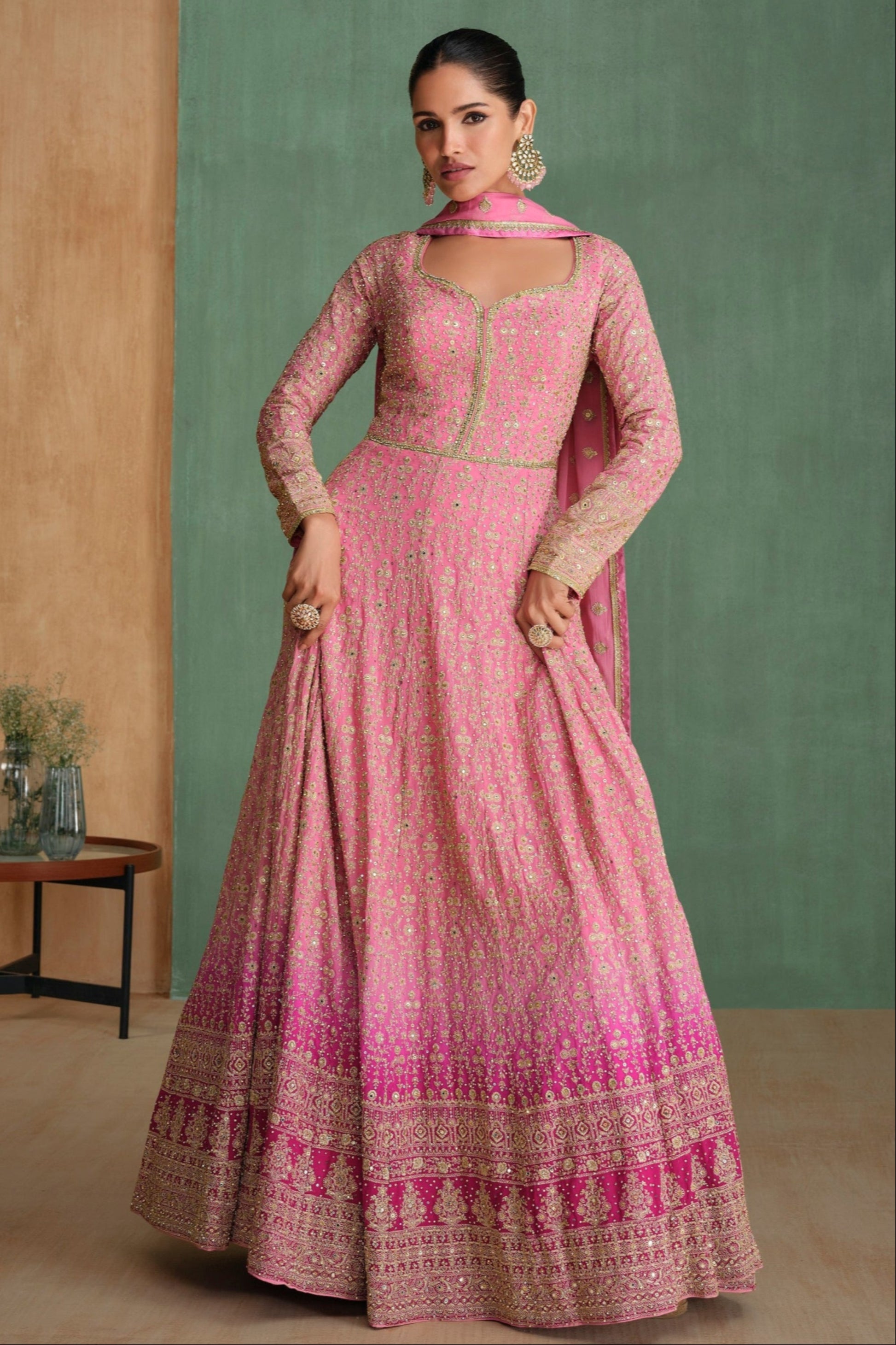 Pink Anarkali Dress With Georgette Embroidery Worked Dupatta Suit