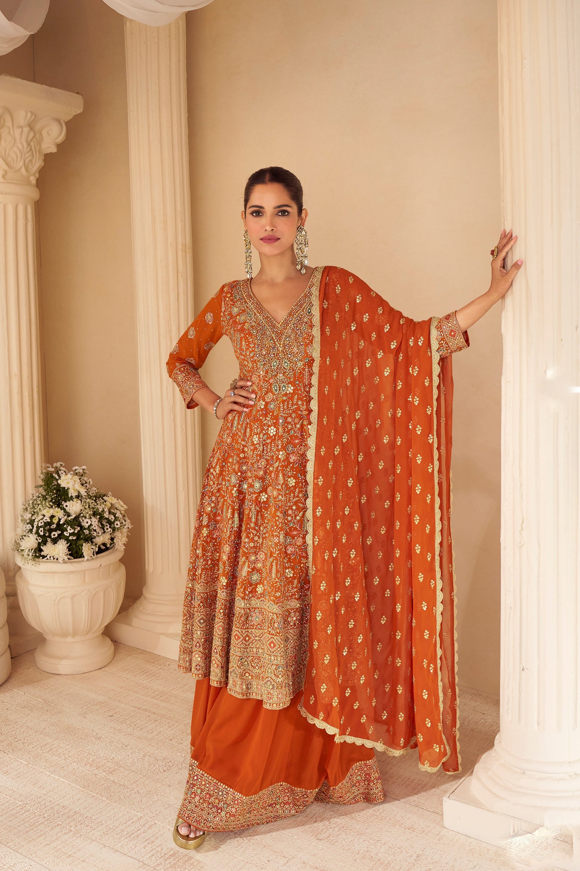 Orange Shalwar Kameez with Plazzo Ready to Wear Ethnic Outfit