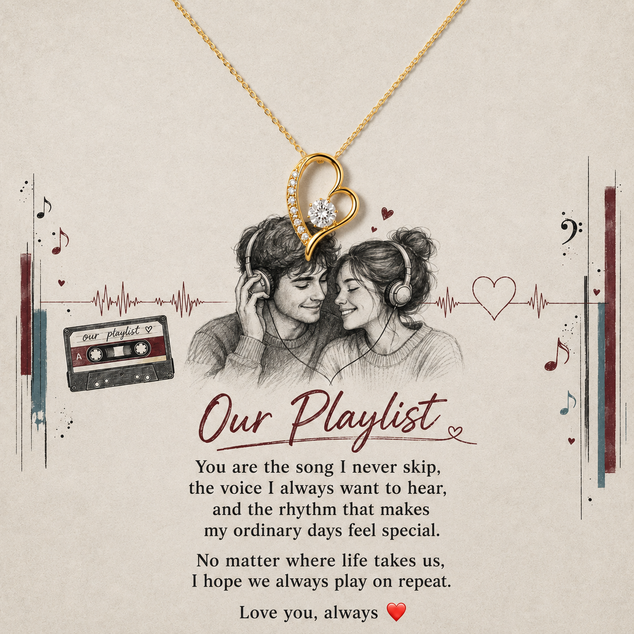A gold heart-shaped pendant necklace with a small clear stone is displayed on a beige card that reads 'Our Playlist' with a romantic quote, a sketch of a couple wearing headphones, and music-themed illustrations.