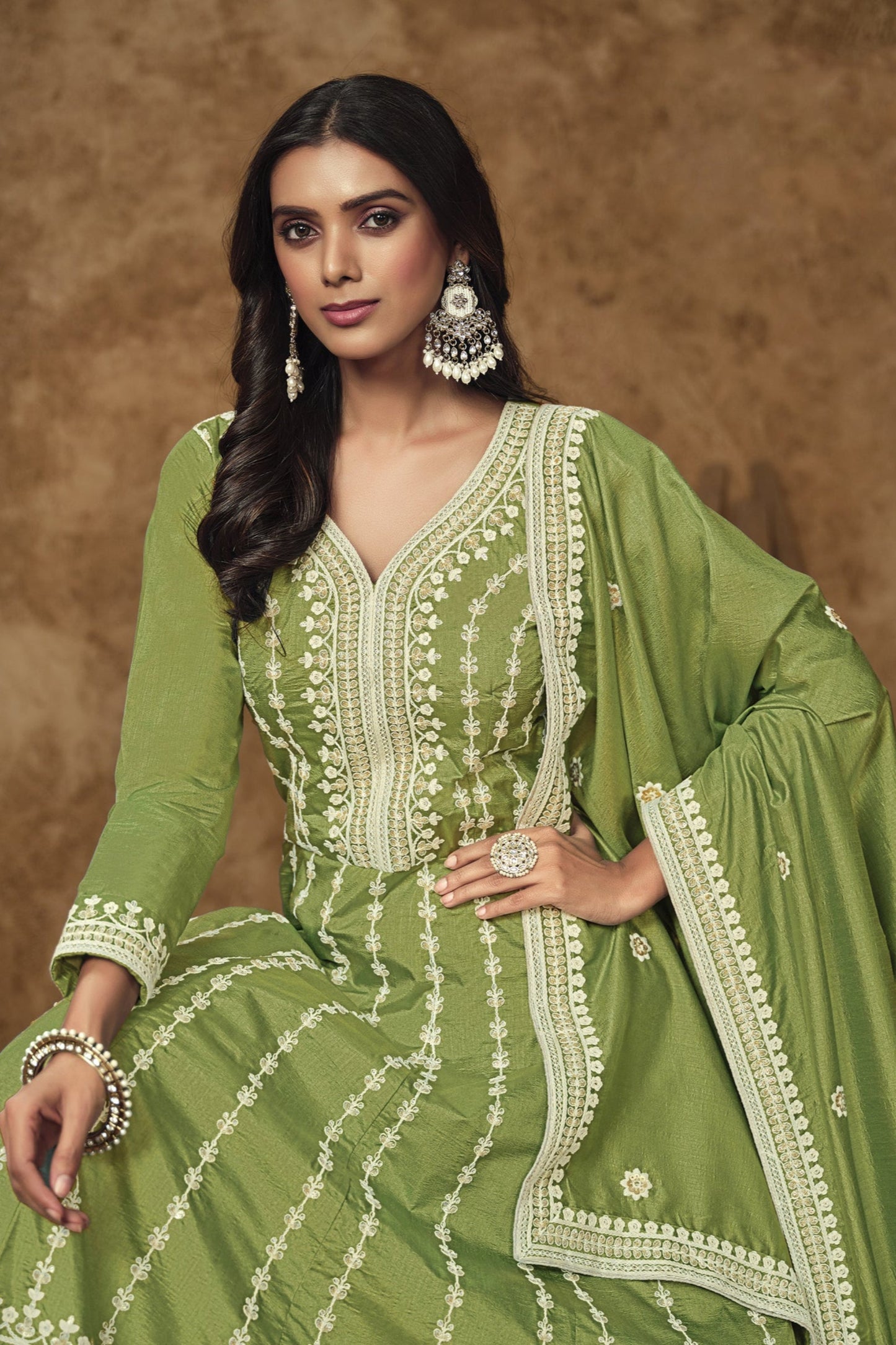 Olive Green Exclusive Anarkali Gown For Wedding Party Wear Suit for USA Women's
