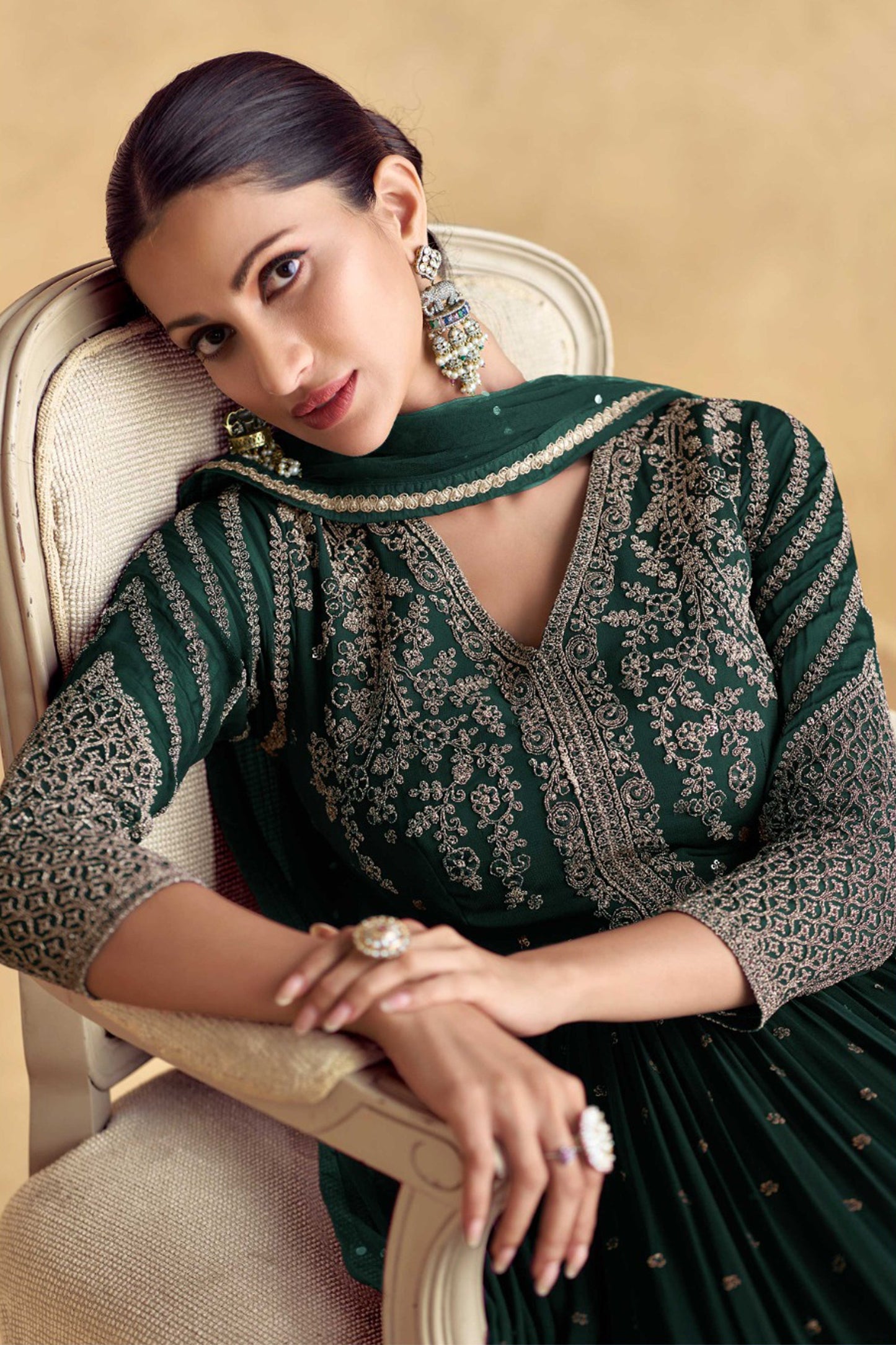 Dark Green Anarkali Gown For Wedding With Embroidery Work - Indian Bridal Wear