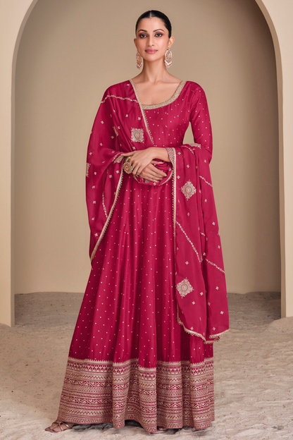 Jacquard Silk Pink Anarkali Gown With Embroidery Work Traditional Indian Wedding Dress