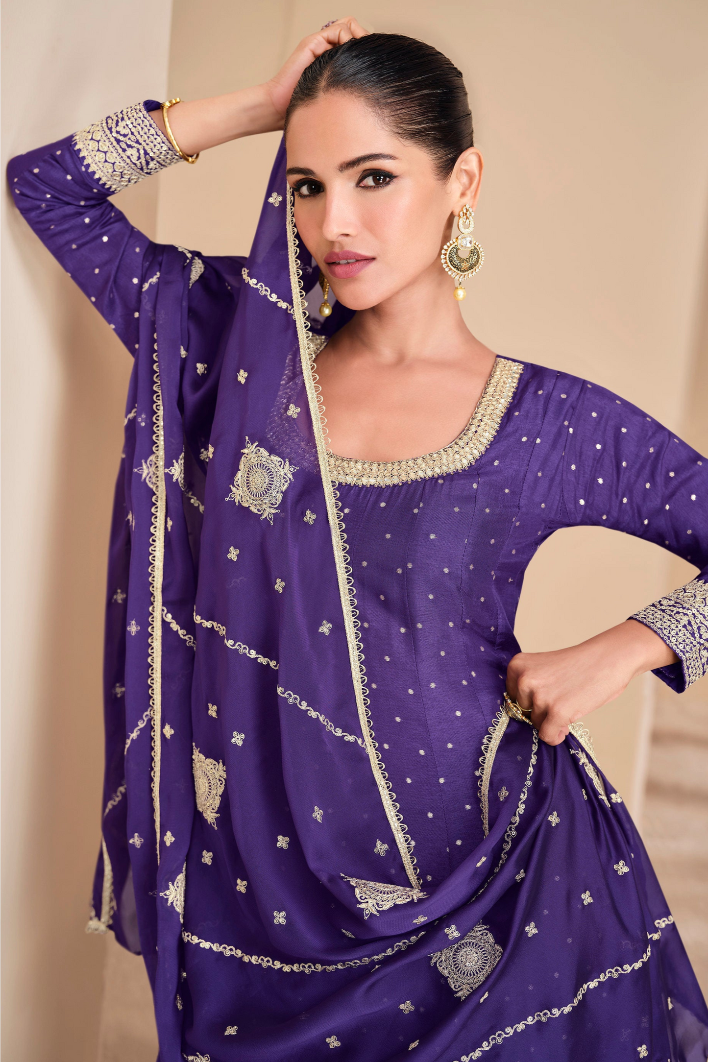Purple Embroidered Indian Pakistani Anarkali Gown With Dupatta For Her