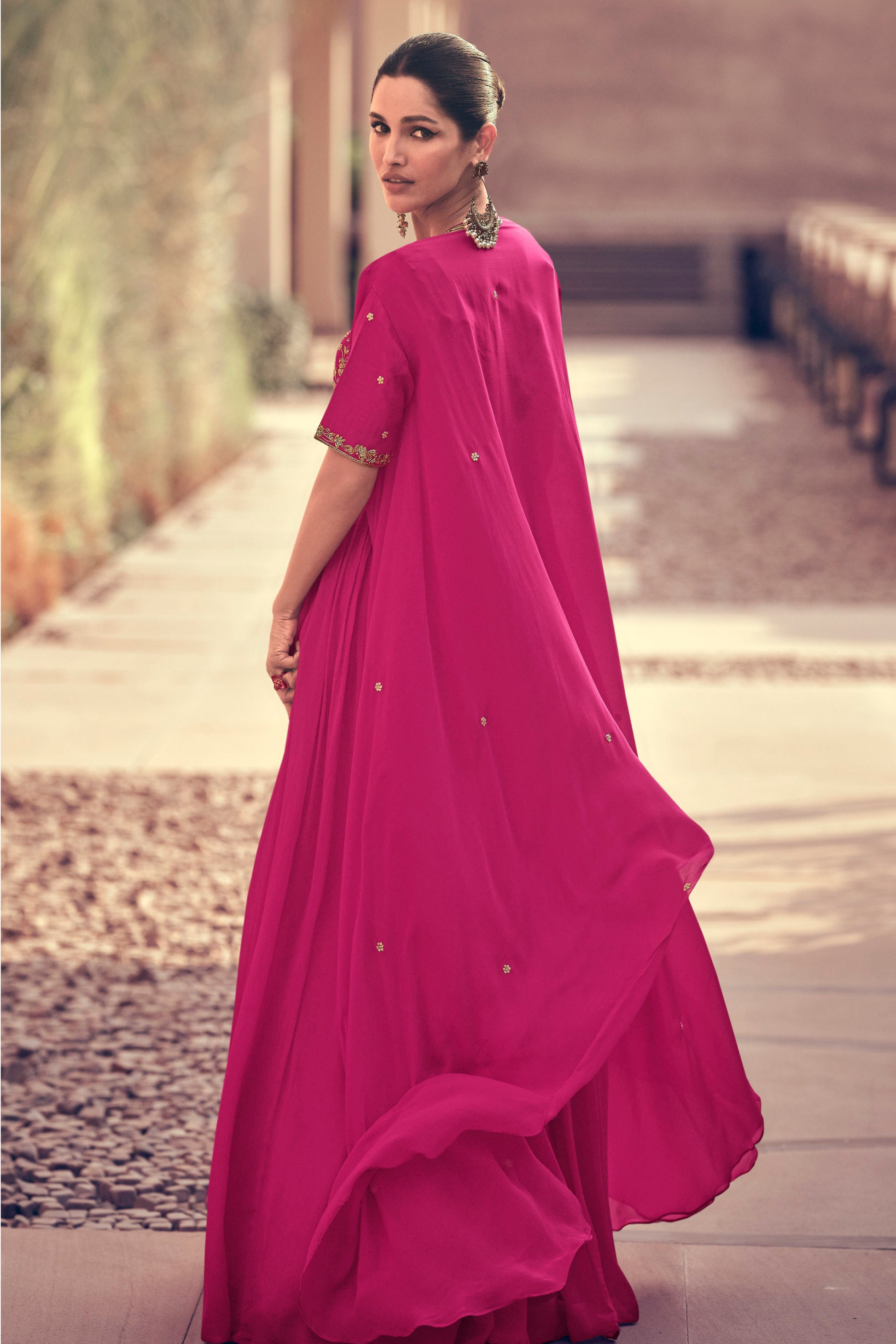 Stylish Eid Party Full-Length Chinon Silk Pink Anarkali Gown With Dupatta Suit