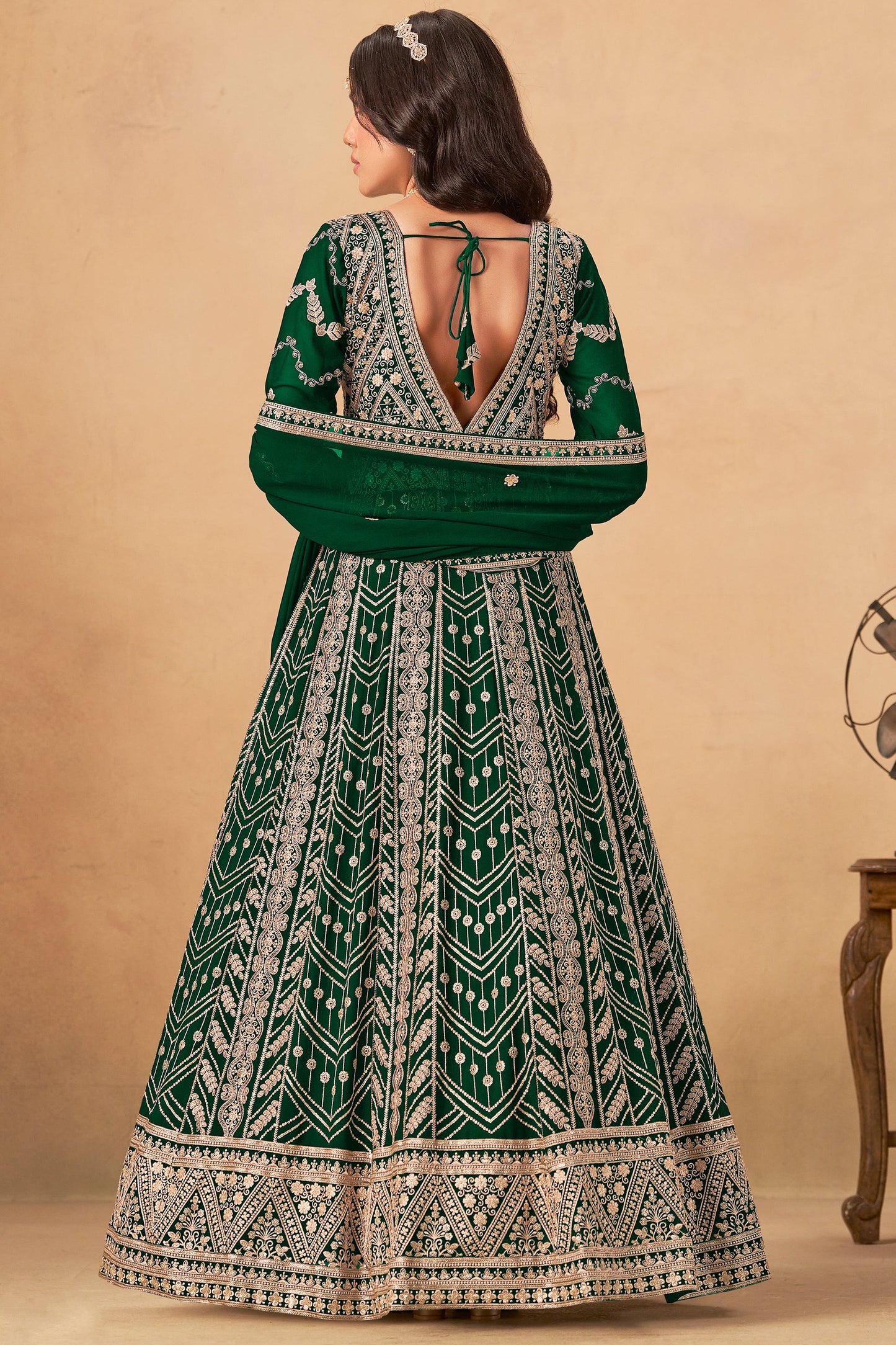 Green Heavy Embroidered Worked Long Anarkali Gown Dupatta 