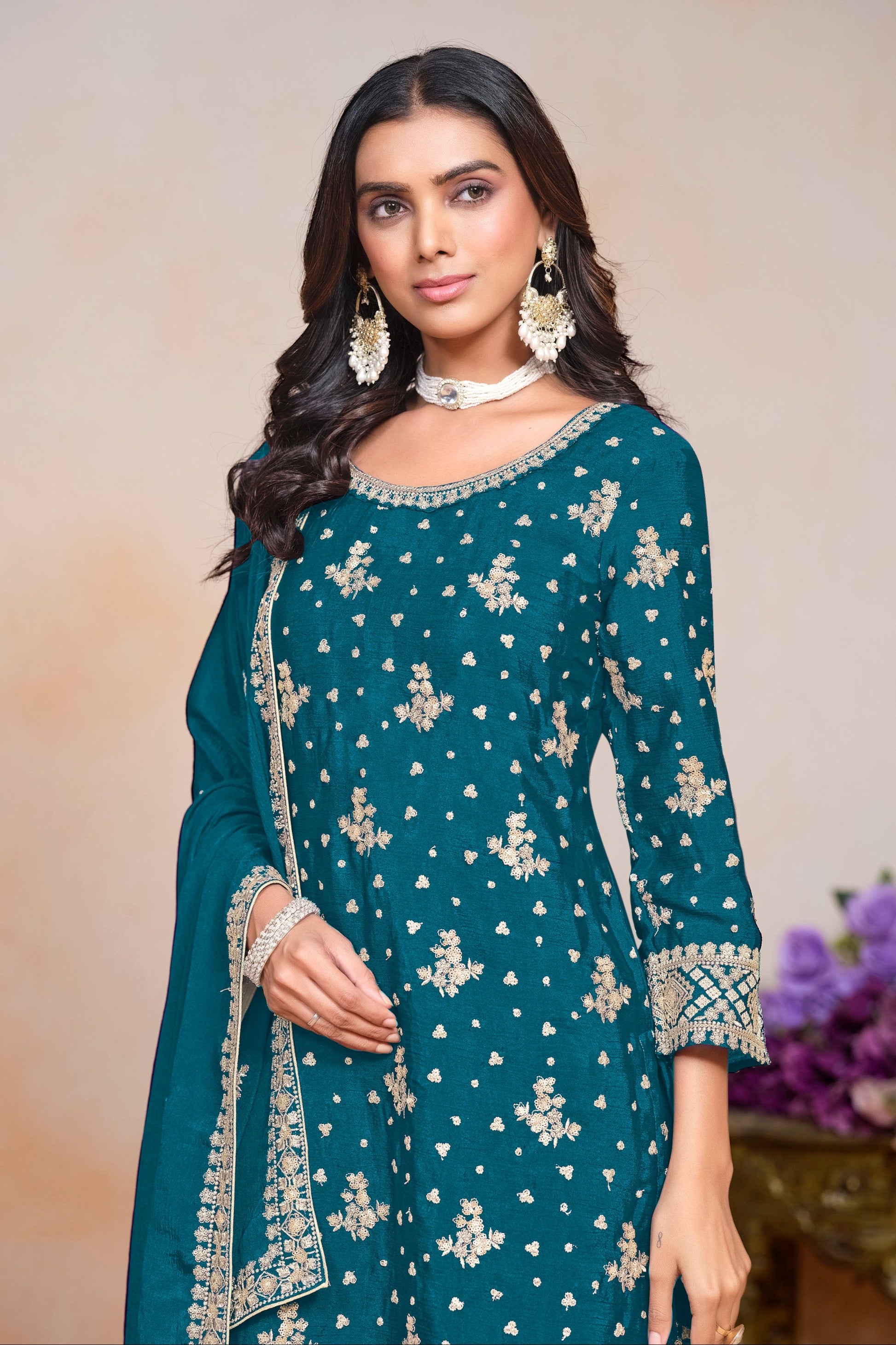 Indian Ethnic Style Sky Blue Embroidered Palazzo Suit