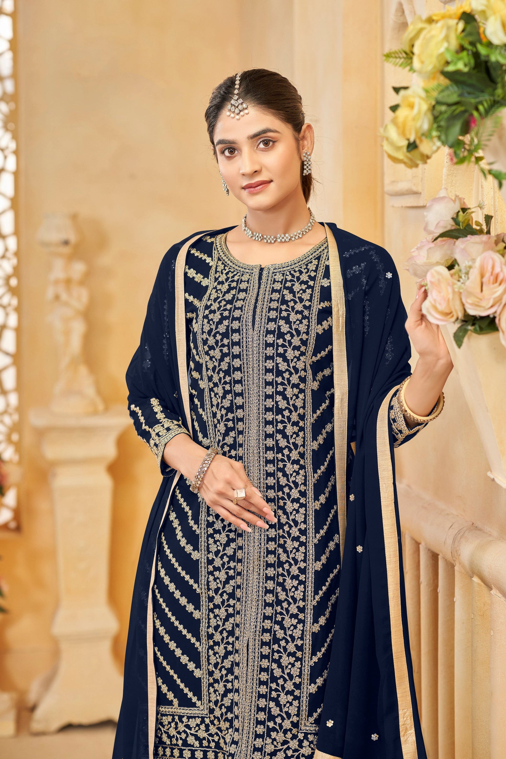 Traditional Pakistani Blue Sharara Suit Back View Showing Dupatta Draping Or Women USA Canada