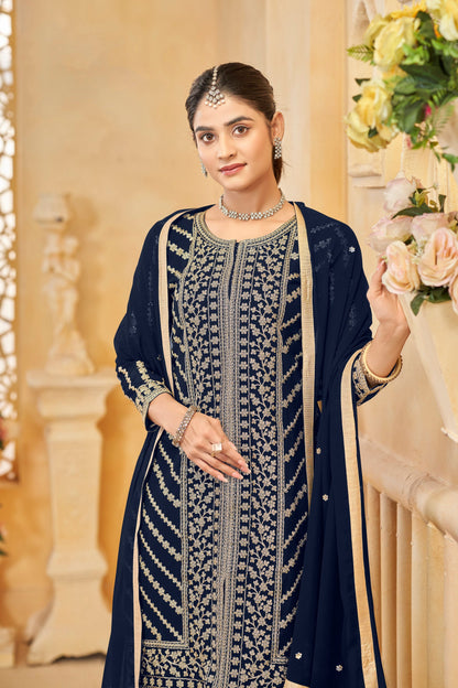 Traditional Pakistani Blue Sharara Suit Back View Showing Dupatta Draping Or Women USA Canada