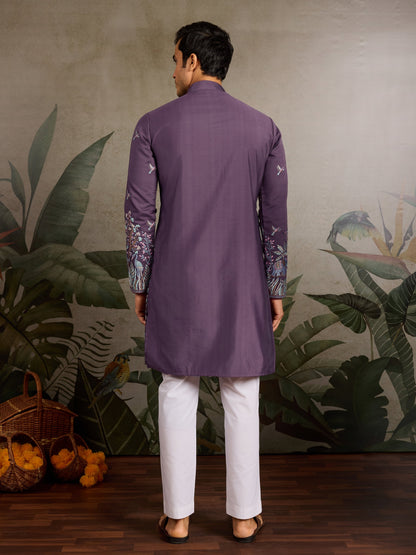 Men's blue kurta pajama featuring detailed sequence work