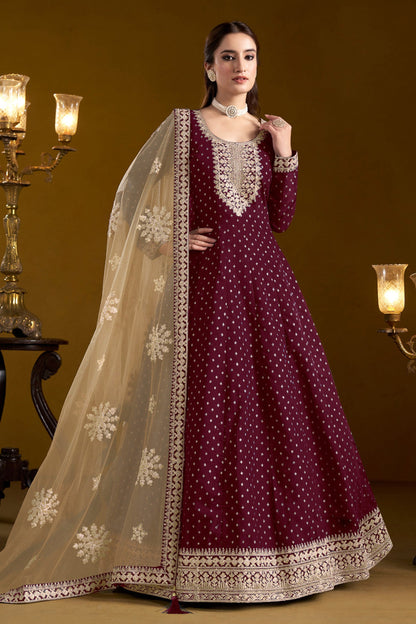 Wine Anarkali Gown With Dupatta For Wedding Reception Embroidered Worked Suit