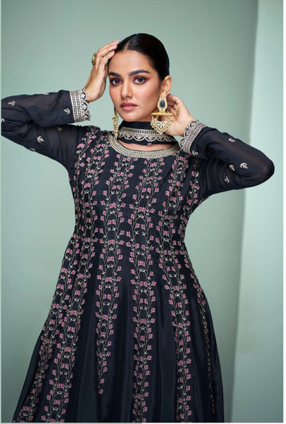 Embroidered Chinon Silk Sharara Kameez Detail - Designer Pakistani Dress With Dupatta