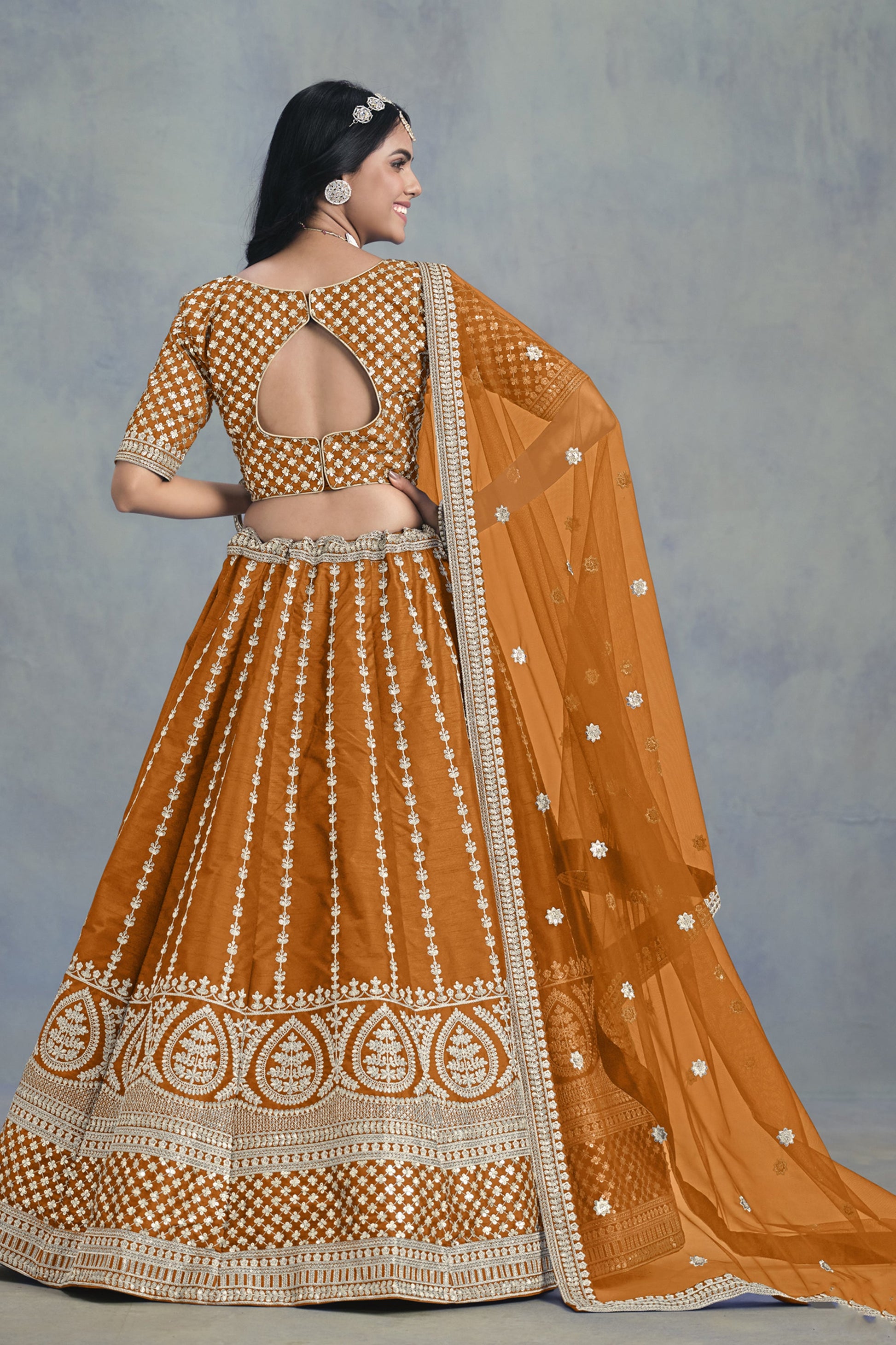 Premium Mustard Designer Art Silk Net Fabric Embroidered Lehenga Choli
