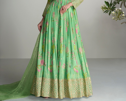 Reception Party Wear Stylish Stitched Long Chinon Silk Green Anarkali Dress