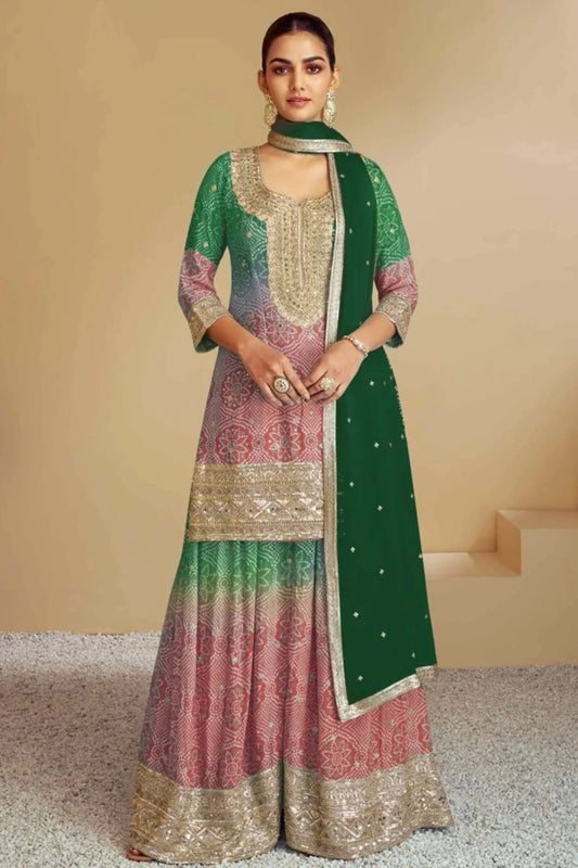 Green Chinon Palazzo Salwar Kameez With Embroidery Dupatta For Ramadan Eid