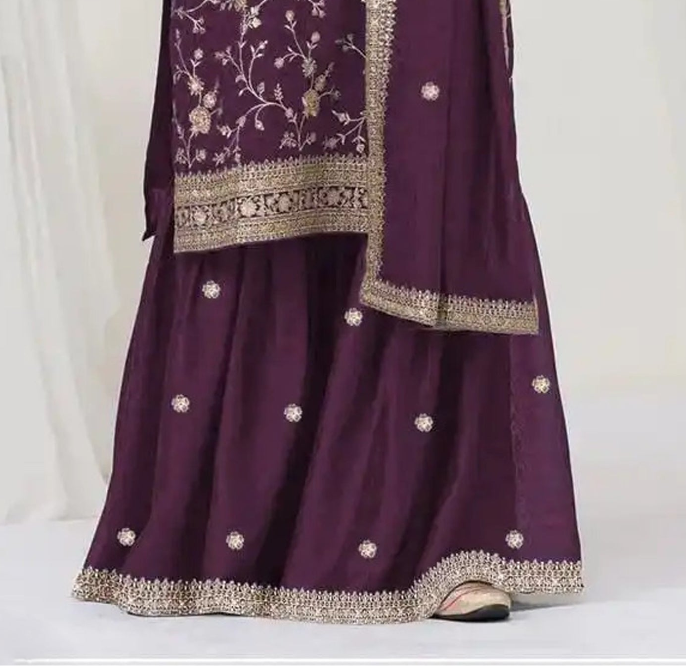 Pakistani Style Salwar Kameez Palazzo Dress In Wine Color 