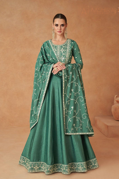 Pakistani Long Green Premium Silk Wedding Anarkali Dress With Dupatta For Women