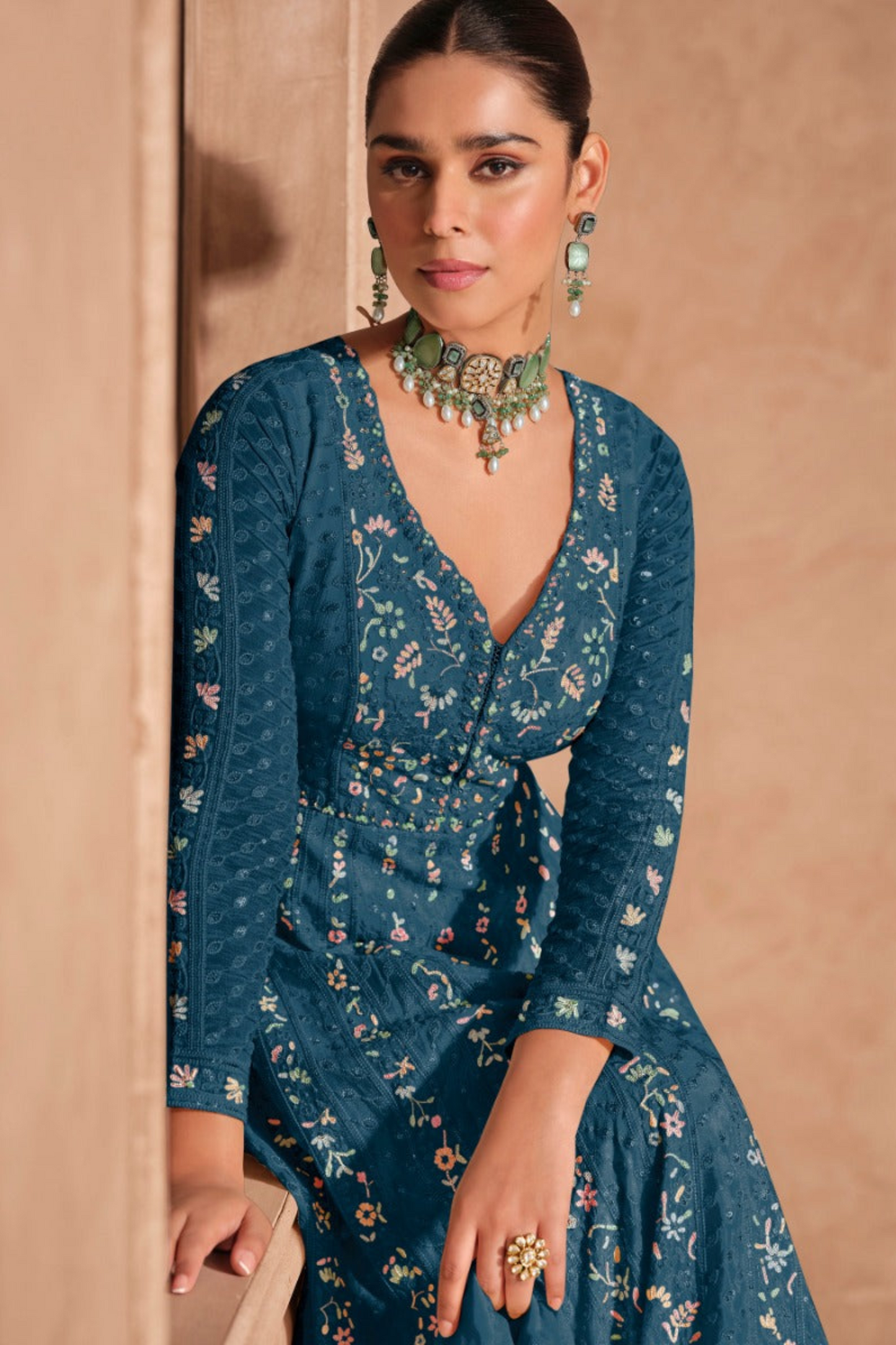 Blue Anarkali Dress With Heavy Chinon Fabric And Intricate Embroidery For Weddings