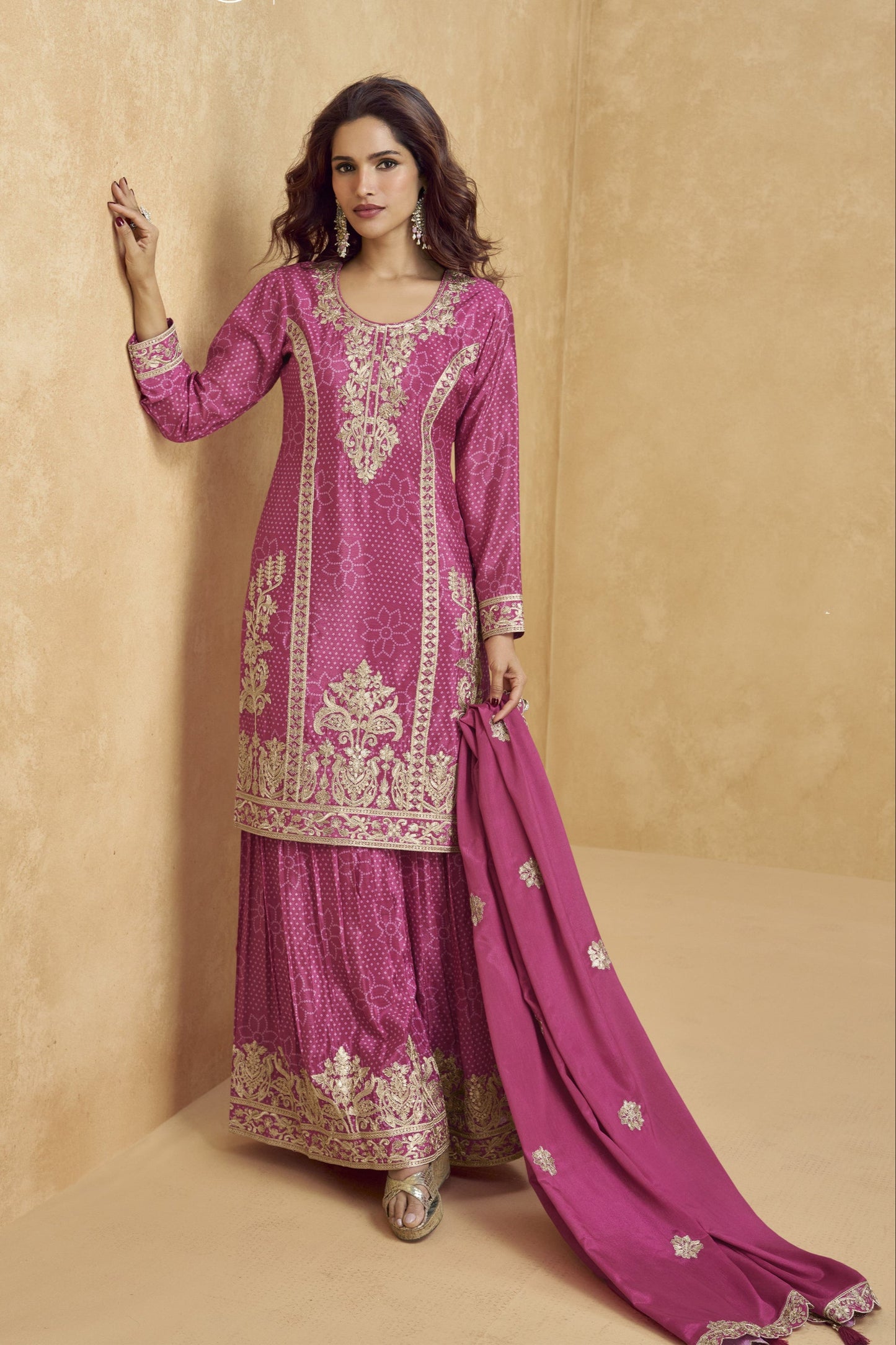 Pink palazzo set offers a graceful and feminine touch, making it ideal for daytime events, festive gatherings, or casual outings.
