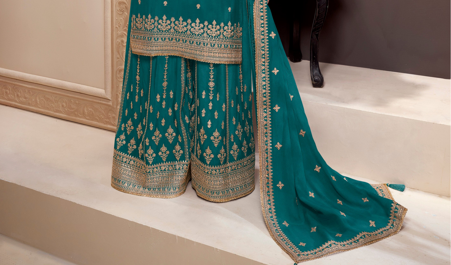 Teal Green Heavy Embroidered Palazzo Suit 