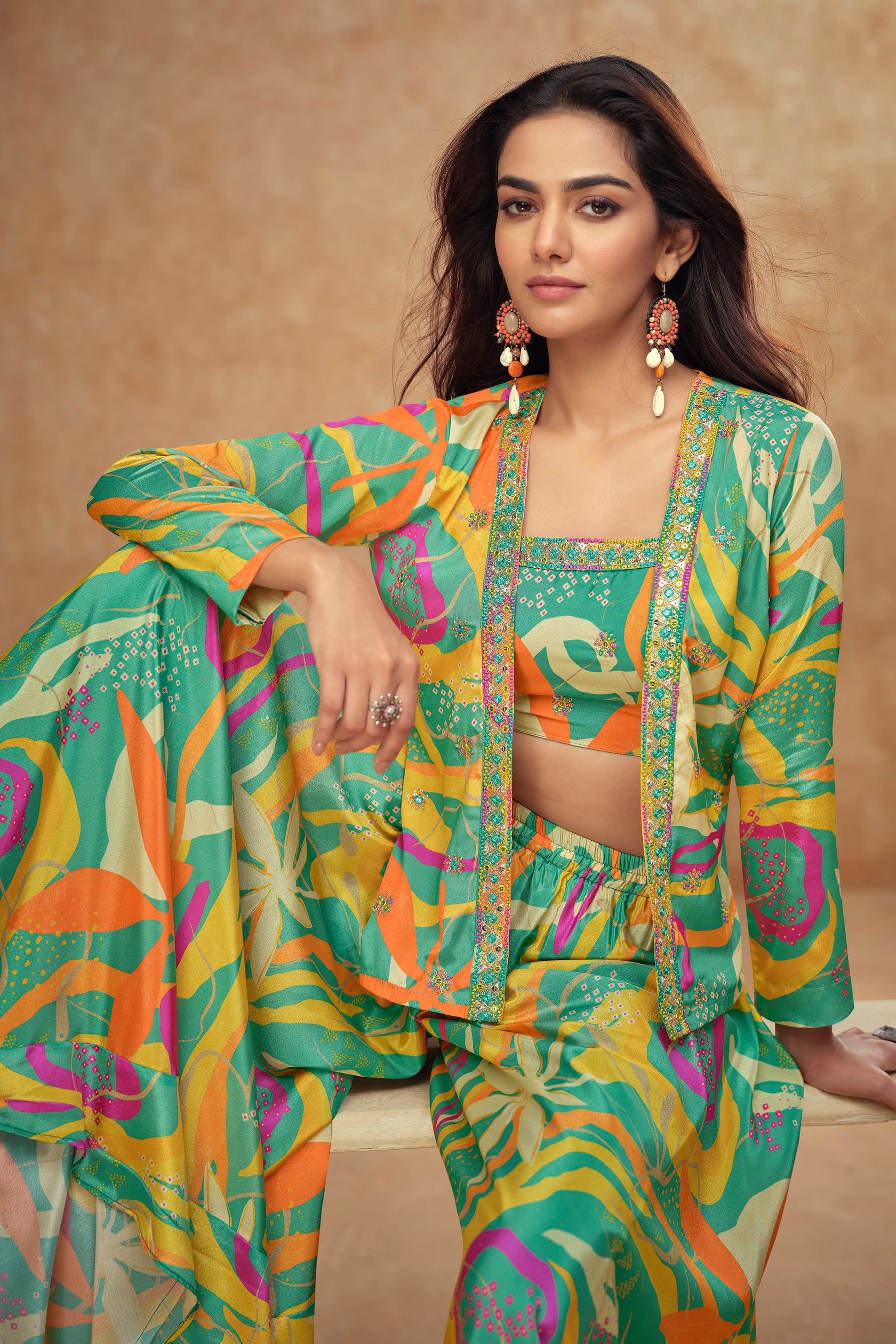 Beautiful Party Wear – Real Chinon & Silk Shrug Palazzo Dress For Women 
